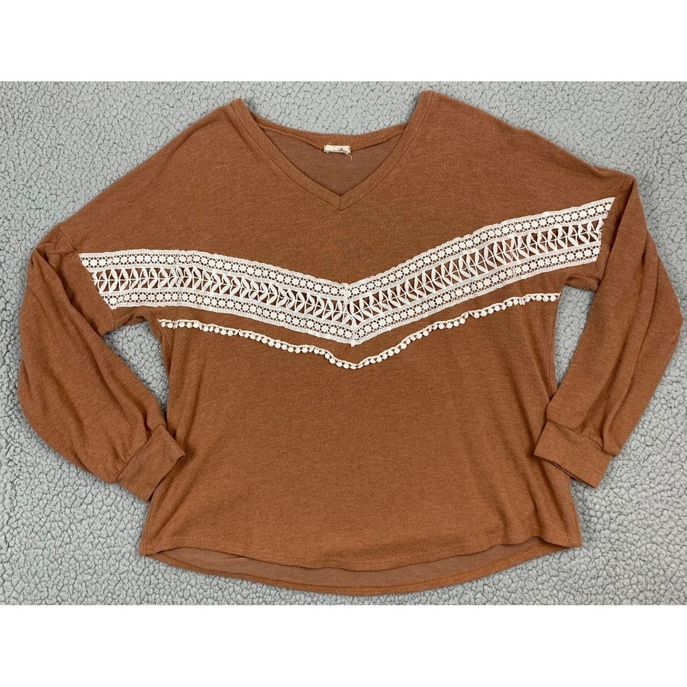 Lovely Melody Long Sleeve Blouse Top Womens M Orange Crochet‎ Lace Trim V-Neck - Picture 2 of 7